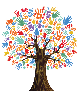 Drawing of a tree with colorful hands as leaves